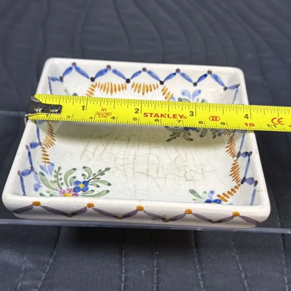Vintage Portugal Hand Painted Floral Square Trinket Dish 4